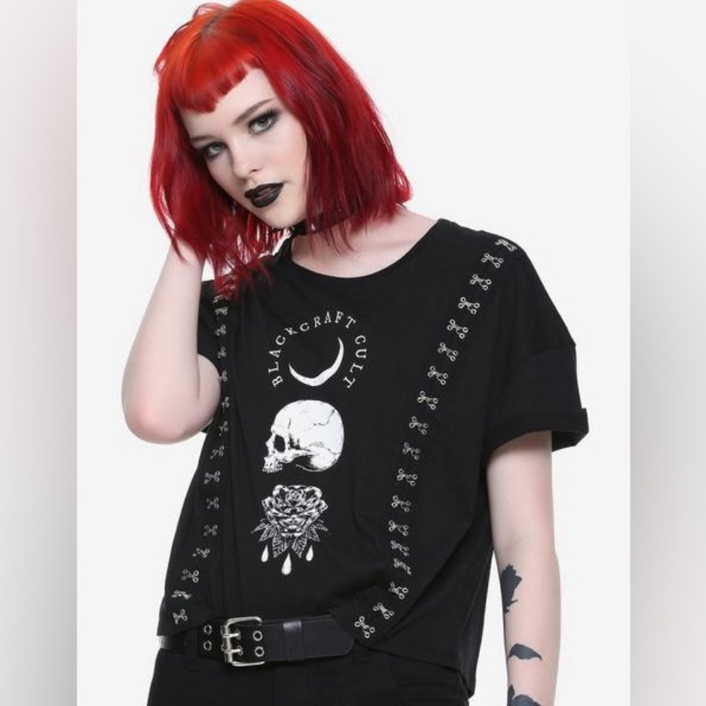 Blackcraft Cult Goth Alt Black Crop Top With Hook Grommet Embellishment Skull L